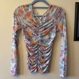 Mystree Floral Semi Sheer Long Sleeve Top - Orange and Purple
